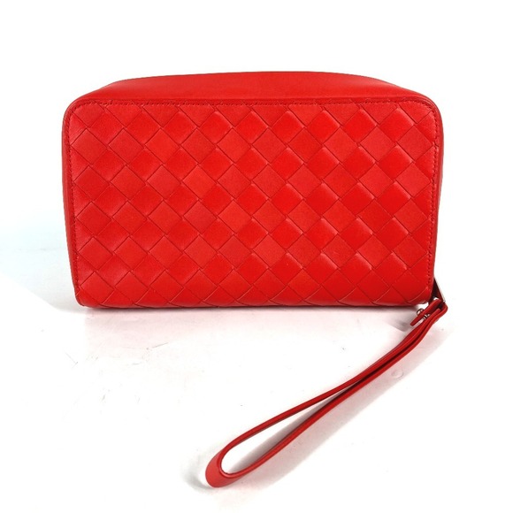 BOTTEGA VENETA Intrecciato Leather Clutch Bag Strap Tomato Red - Picture 2 of 9